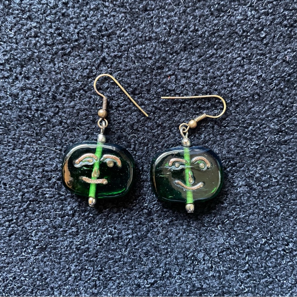 Modernist Green Glass Face Earrings